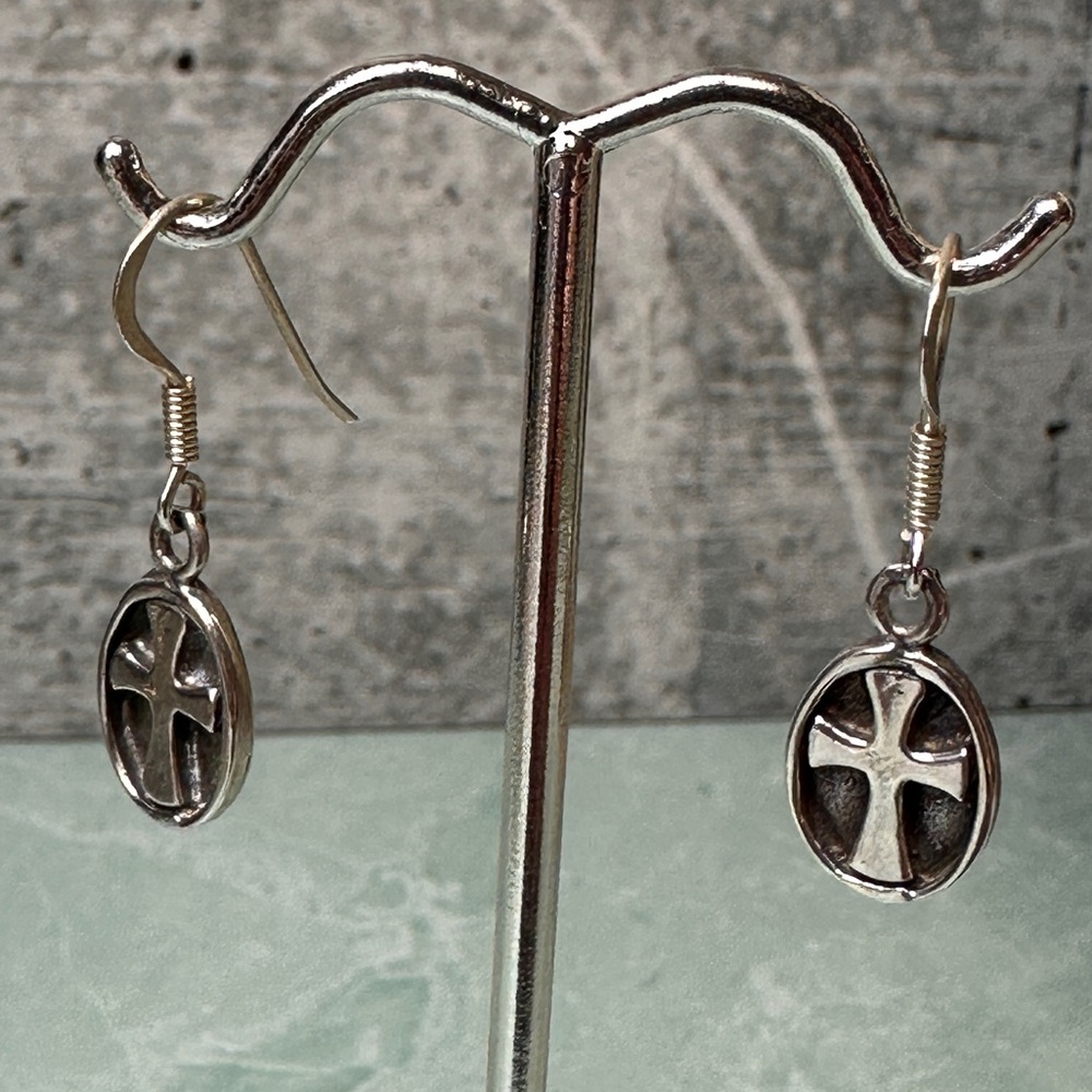 .925 Sterling Silver Oval Cross Dangle Earrings Pierced